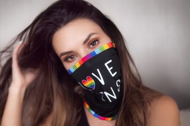 Face/ Neck Bandana - Love Wins - Black/  Rainbow Print - One Size